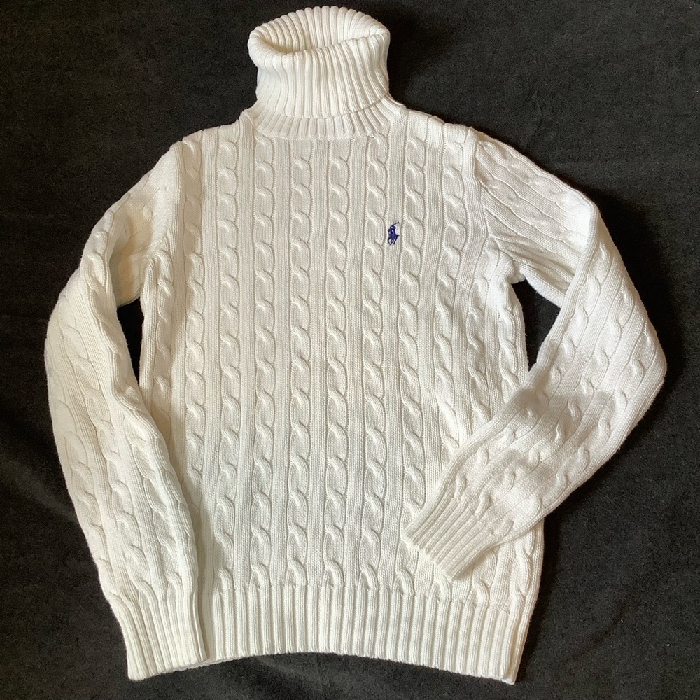 Ralph Lauren Sport CowlNeck Sweater Women Med. White Cable Knit Pullover Cotton - Picture 4 of 12